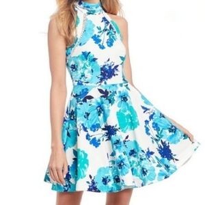 B Darlin Floral  Fit and Flare Mock Neck Crochet Trim Dress Turquoise Blue 5 / 6